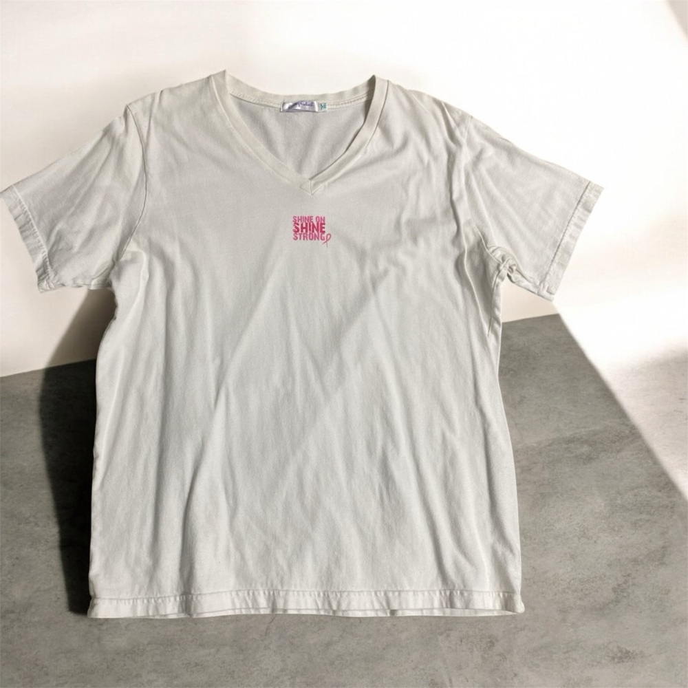 Fresh Produce White V-Neck Tee with Pink Logo, Breast Cancer